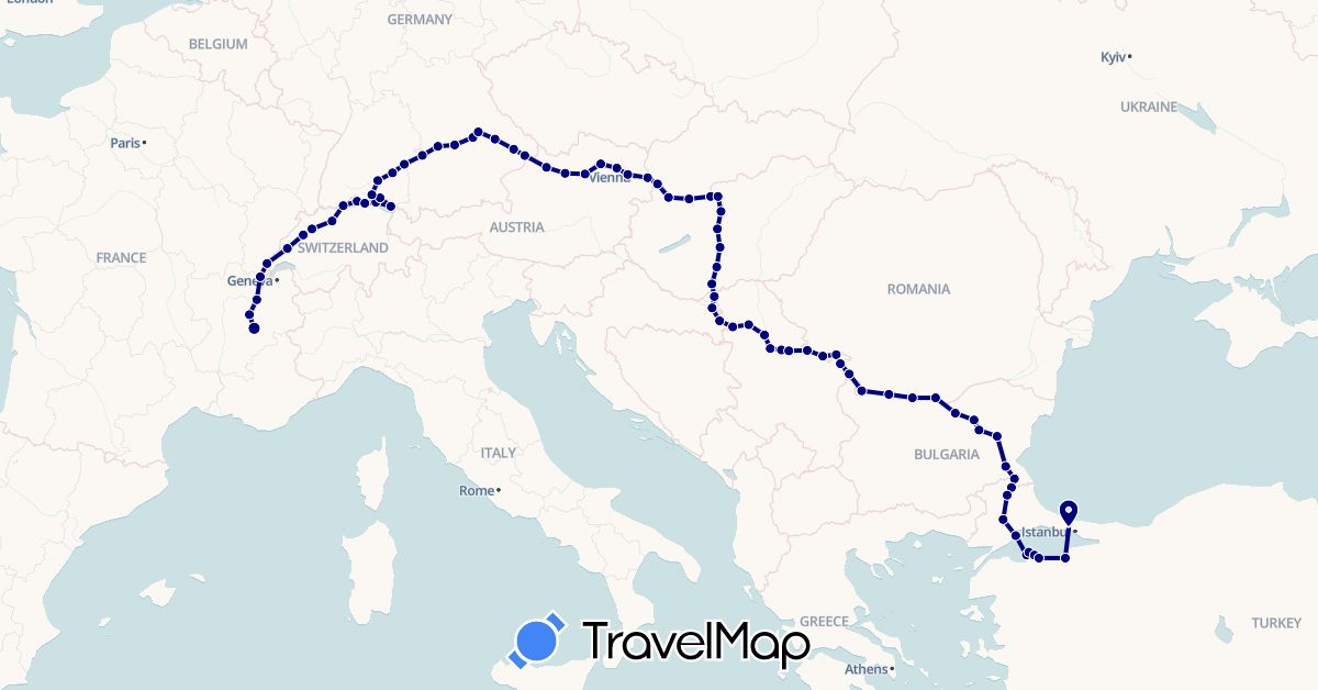 TravelMap itinerary: driving in Austria, Bulgaria, Switzerland, Germany, France, Croatia, Hungary, Romania, Serbia, Slovakia, Turkey (Asia, Europe)